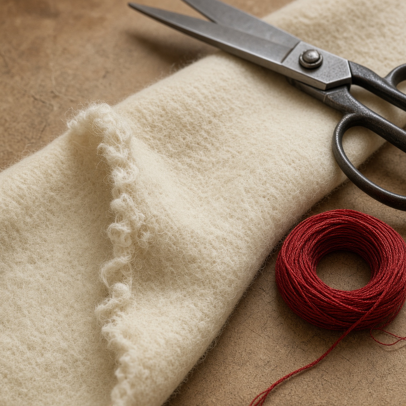 Ivory wool cloth on a cutting table with shears and a coil of red thread.